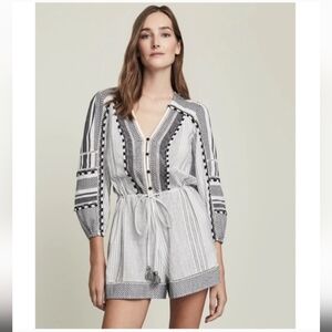 Veronica Beard Bayleise Long Sleeve Cover-Up Romper Black White Size S